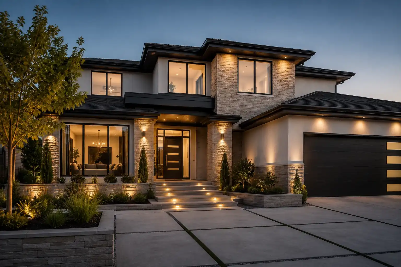 Modern luxury home exterior at dusk — quality home construction & remodeling in the Yakima Valley
